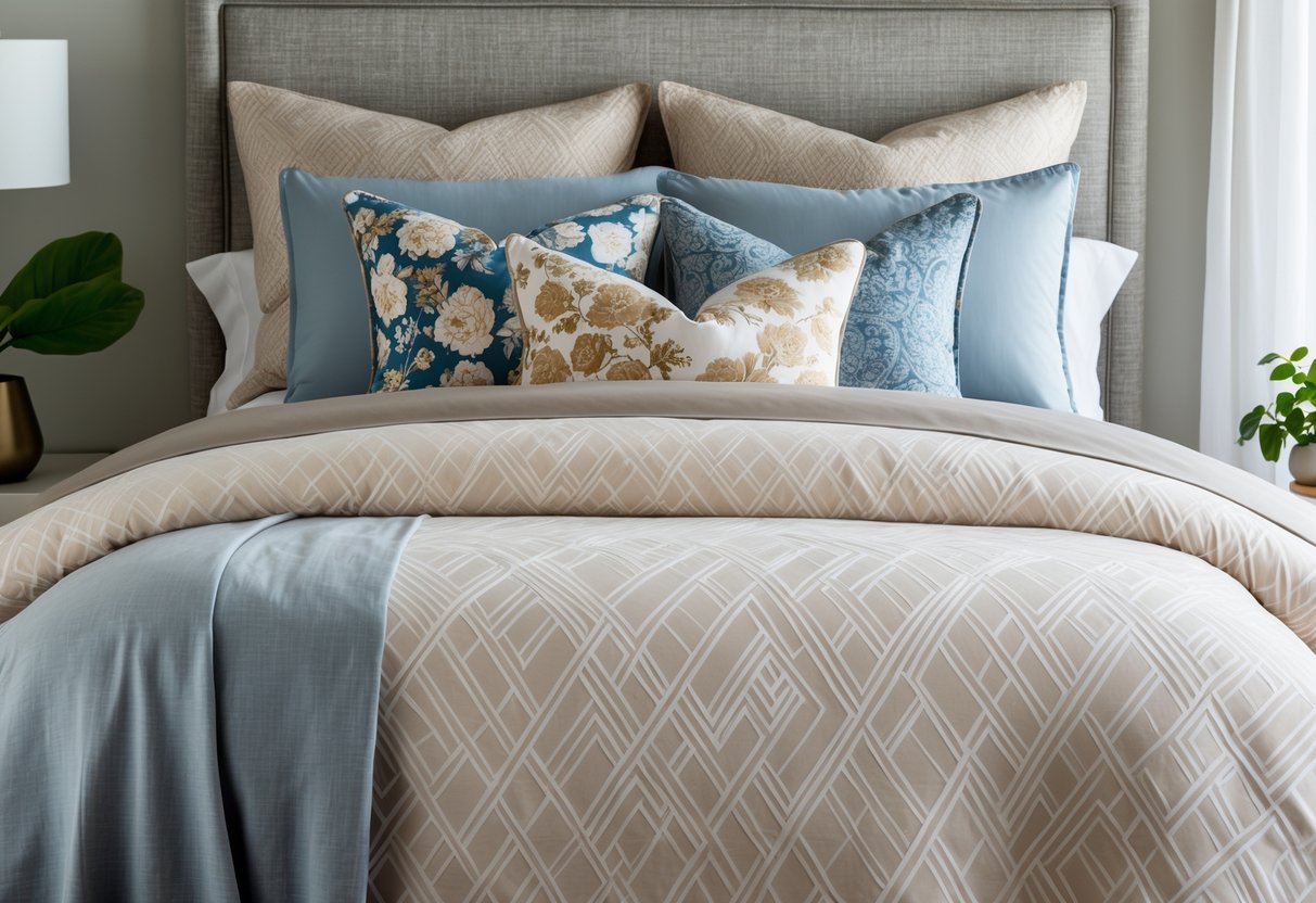 A neatly made bed with coordinated pillows and bedding in soft neutral and blue tones in a simple bedroom setting.