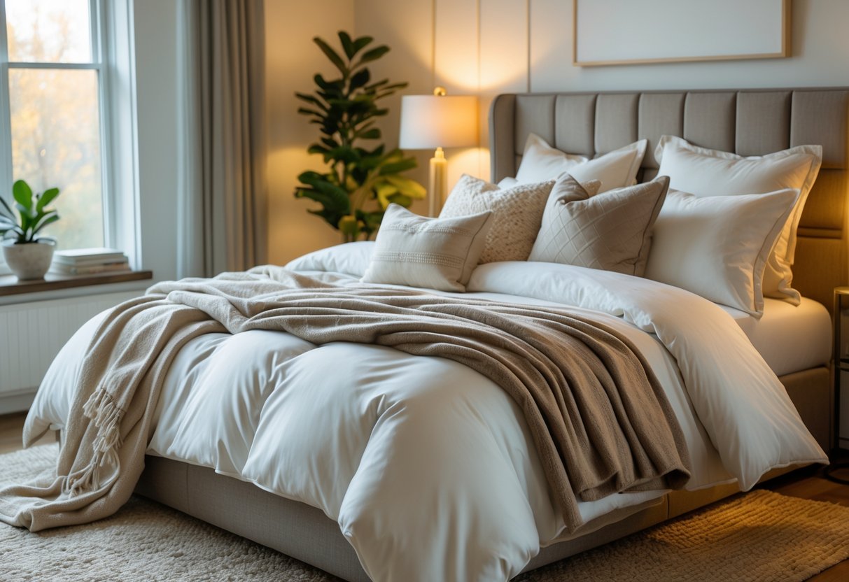 A neatly made bed with layered bedding including pillows, a duvet, and a throw blanket in a bright, cozy bedroom.