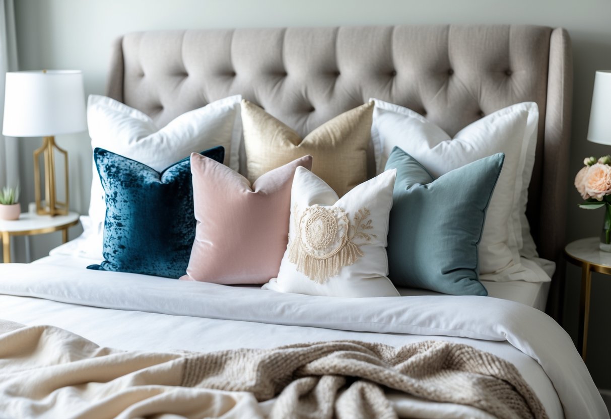 A neatly made bed with multiple accent pillows and decorative items on a bedside table in a softly lit bedroom.