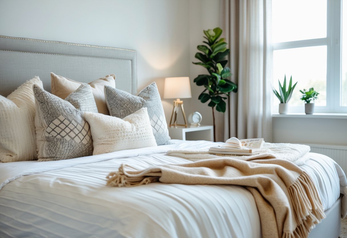 A neatly made bed with decorative pillows and a throw blanket in a bright bedroom with a bedside table, lamp, and potted plant.
