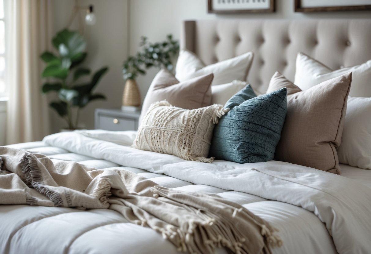 A neatly made bed with white linens, decorative pillows, and a throw blanket in a softly lit bedroom.