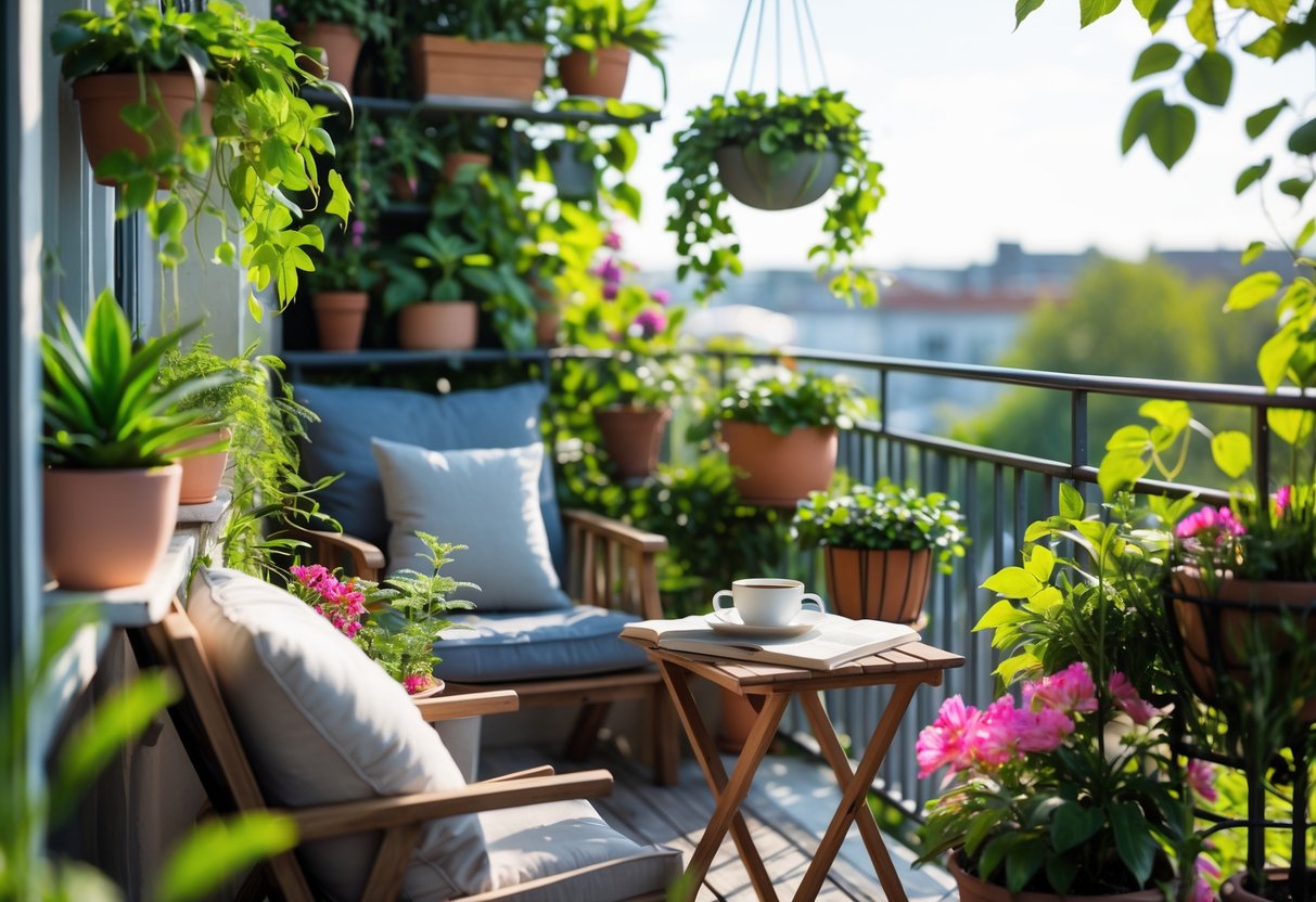 A balcony decorated with various potted plants and greenery, a small wooden table with a cup and book, and comfortable seating under natural sunlight.