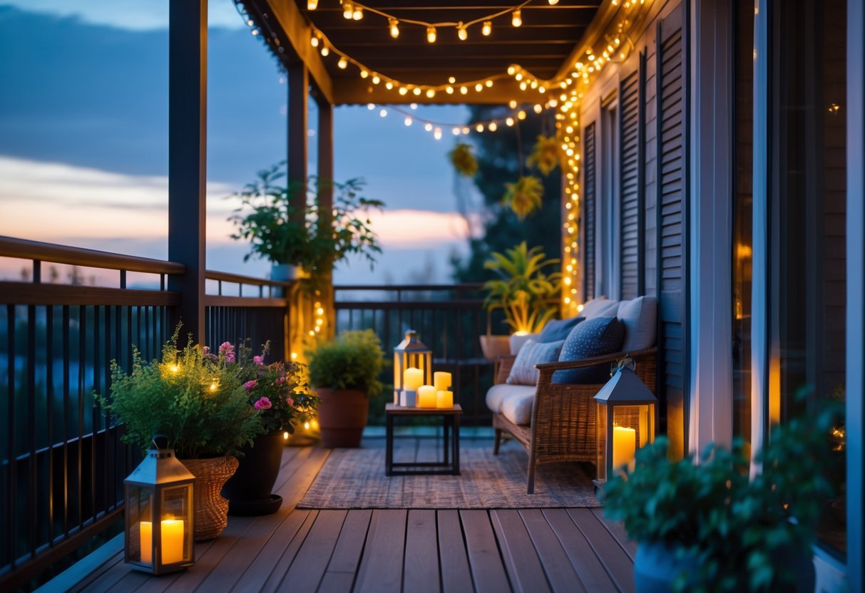 A cozy balcony at dusk with warm string lights, plants, and comfortable seating creating a relaxing outdoor space.