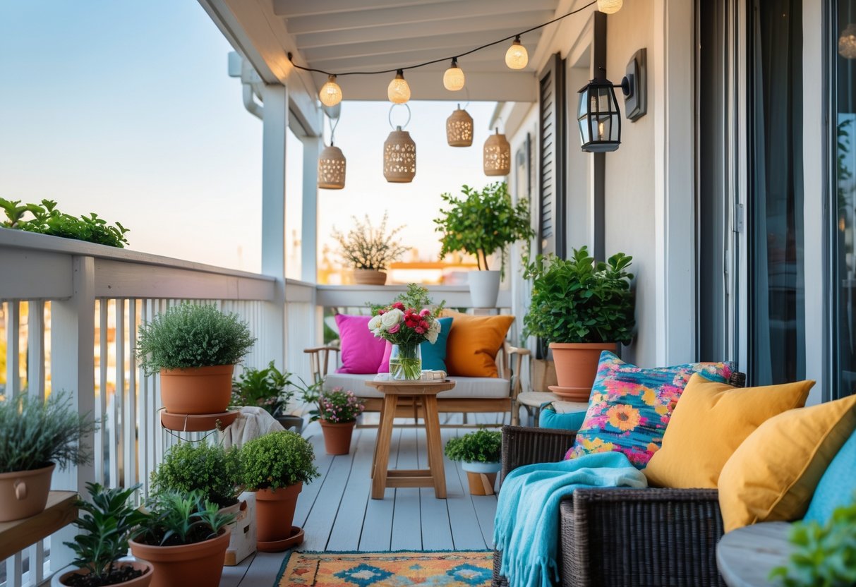 A balcony decorated with comfortable seating, colorful cushions, potted plants, flowers, and hanging lanterns.