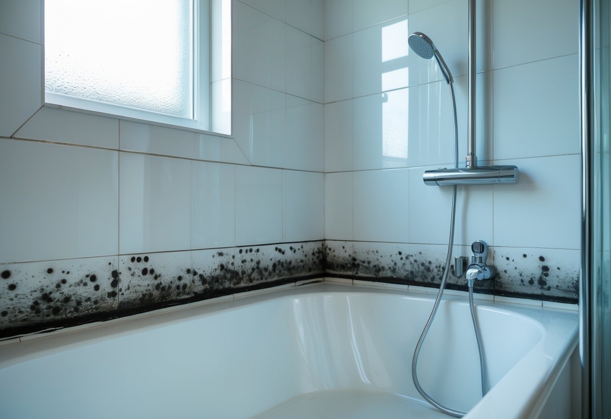 A modern bathroom with a bathtub showing small mold spots along the edges and a window with condensation.