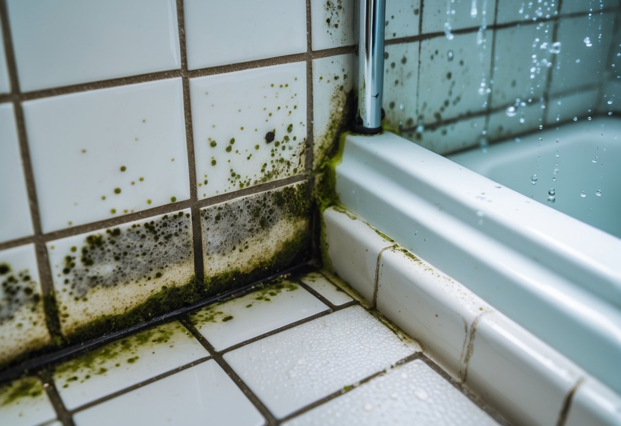 Close up of a bathroom corner with visible mold growth on tile grout and sealant near a bathtub.