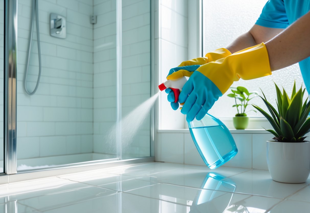 A person cleaning grout lines in a bright, clean bathroom with white tiles and a glass shower door.