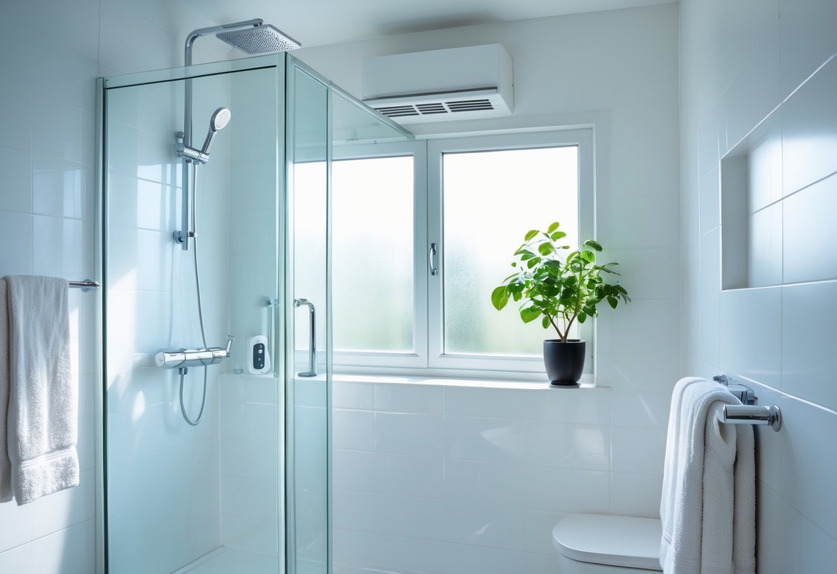 A clean and bright bathroom with a glass shower, white tiles, a potted plant on the windowsill, and ventilation features visible.