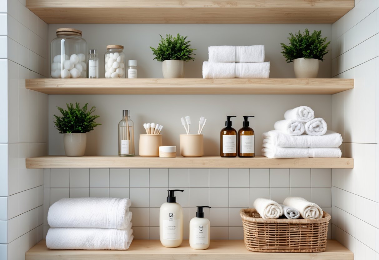 A bathroom shelf neatly organized with jars, plants, towels, and toiletries on a white tiled wall.