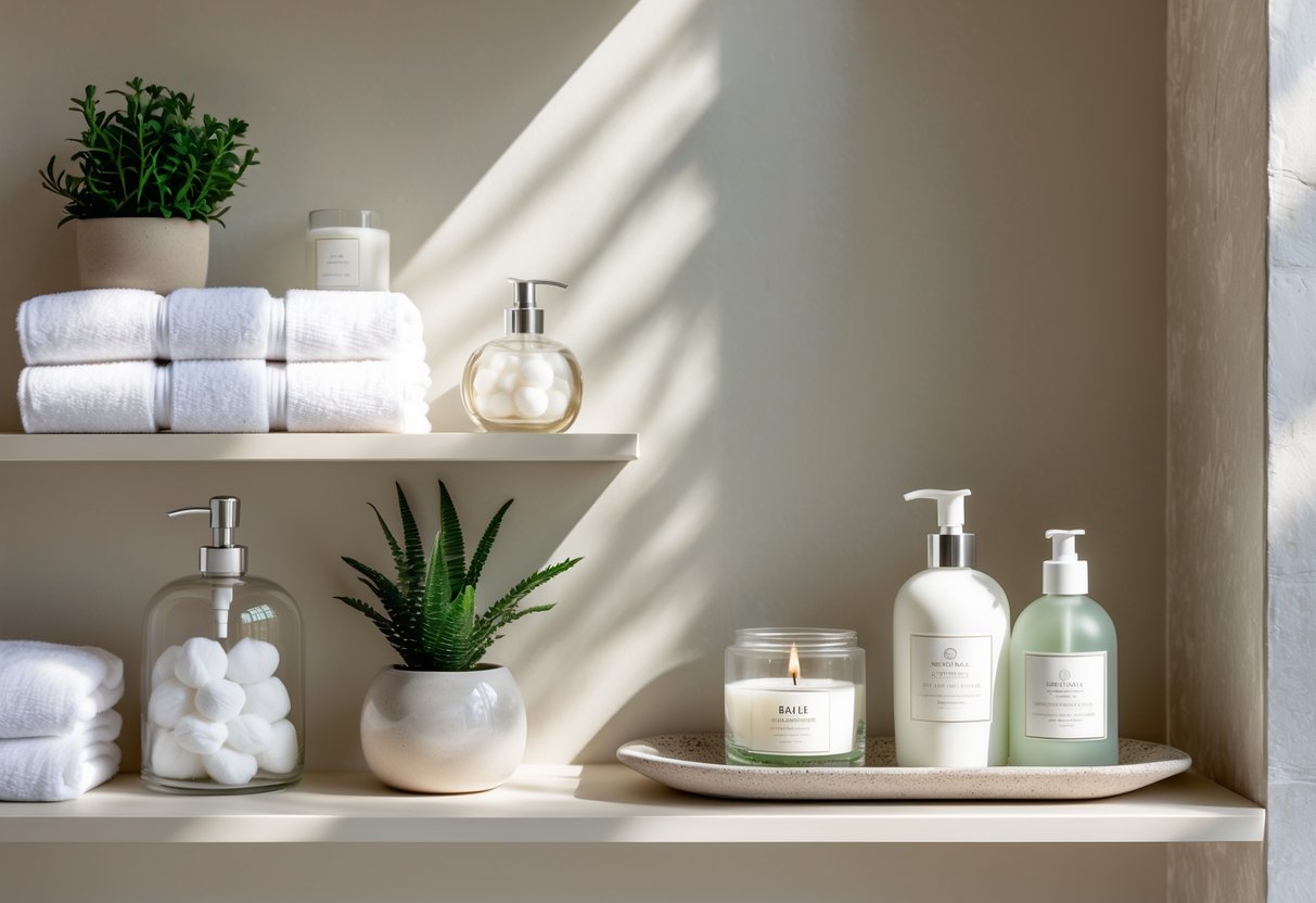 Bathroom shelves neatly arranged with towels, a small plant, skincare bottles, a soap dispenser, and a candle.