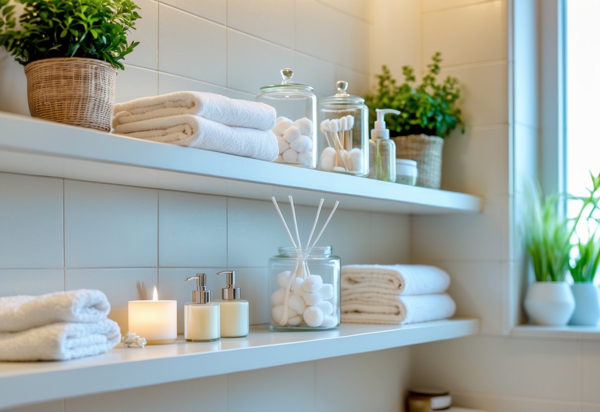 A bathroom shelf neatly organized with towels, plants, glass jars, and soap dispensers in a clean bathroom setting.