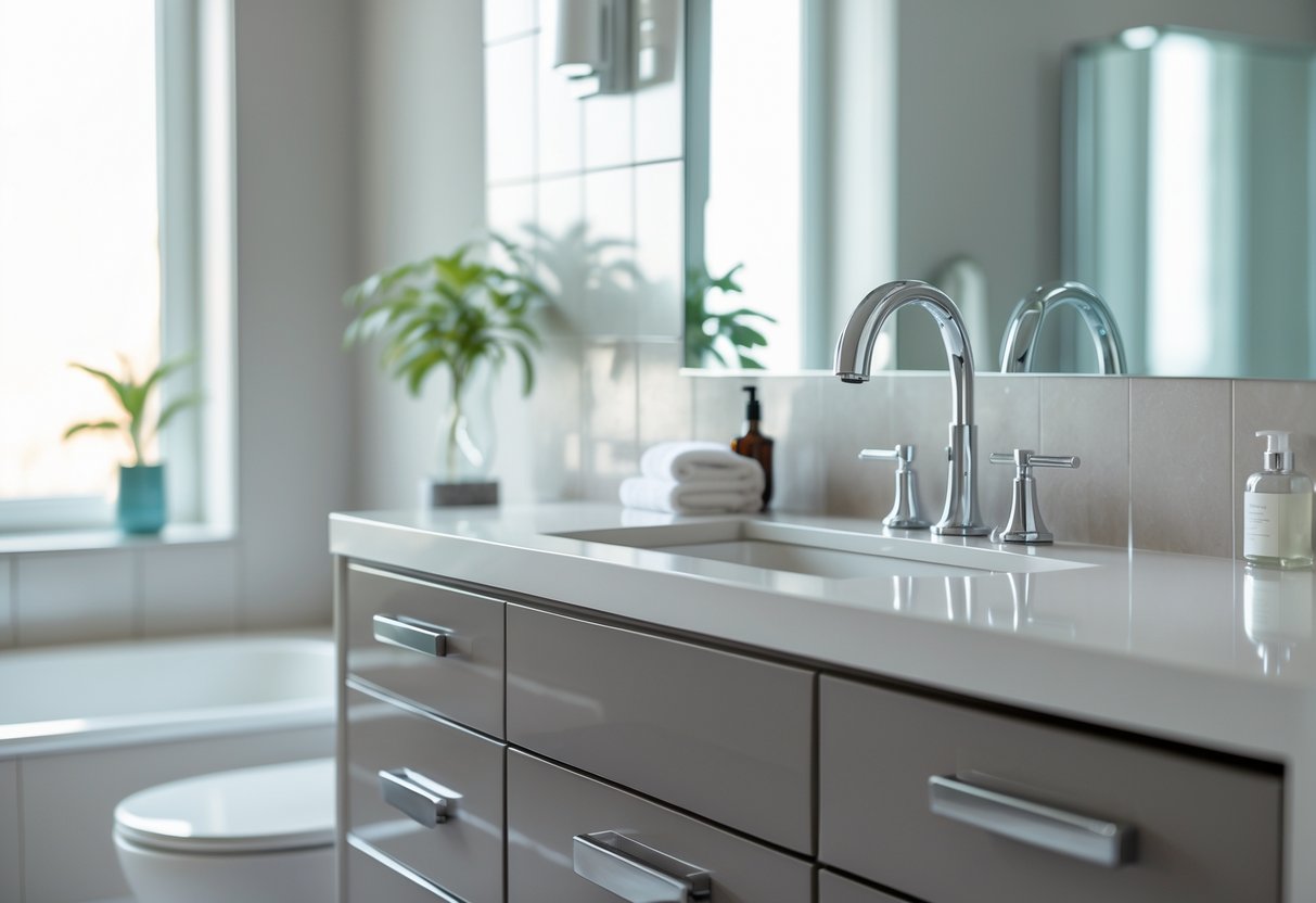 A modern bathroom with a stylish vanity, sink, mirror, and decorative items.