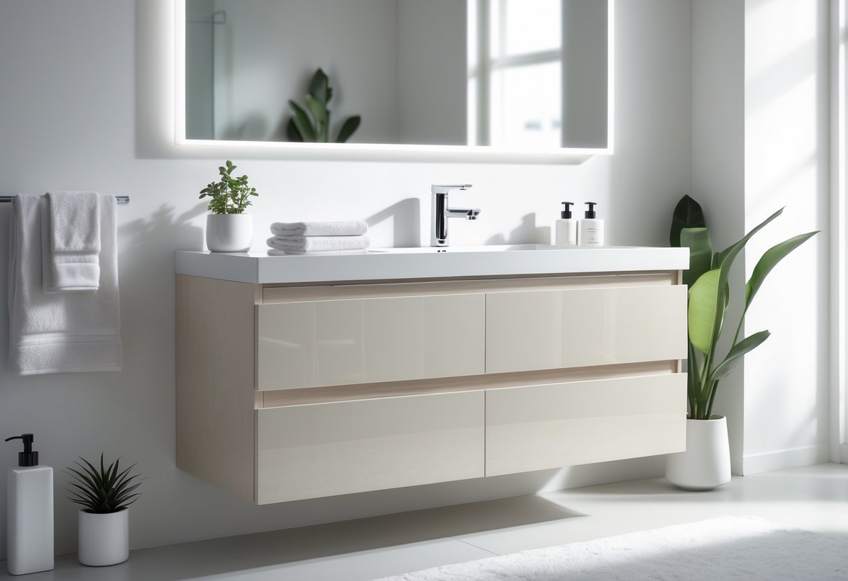 A clean bathroom vanity with a sink, faucet, mirror, and storage cabinets, surrounded by bathroom accessories.