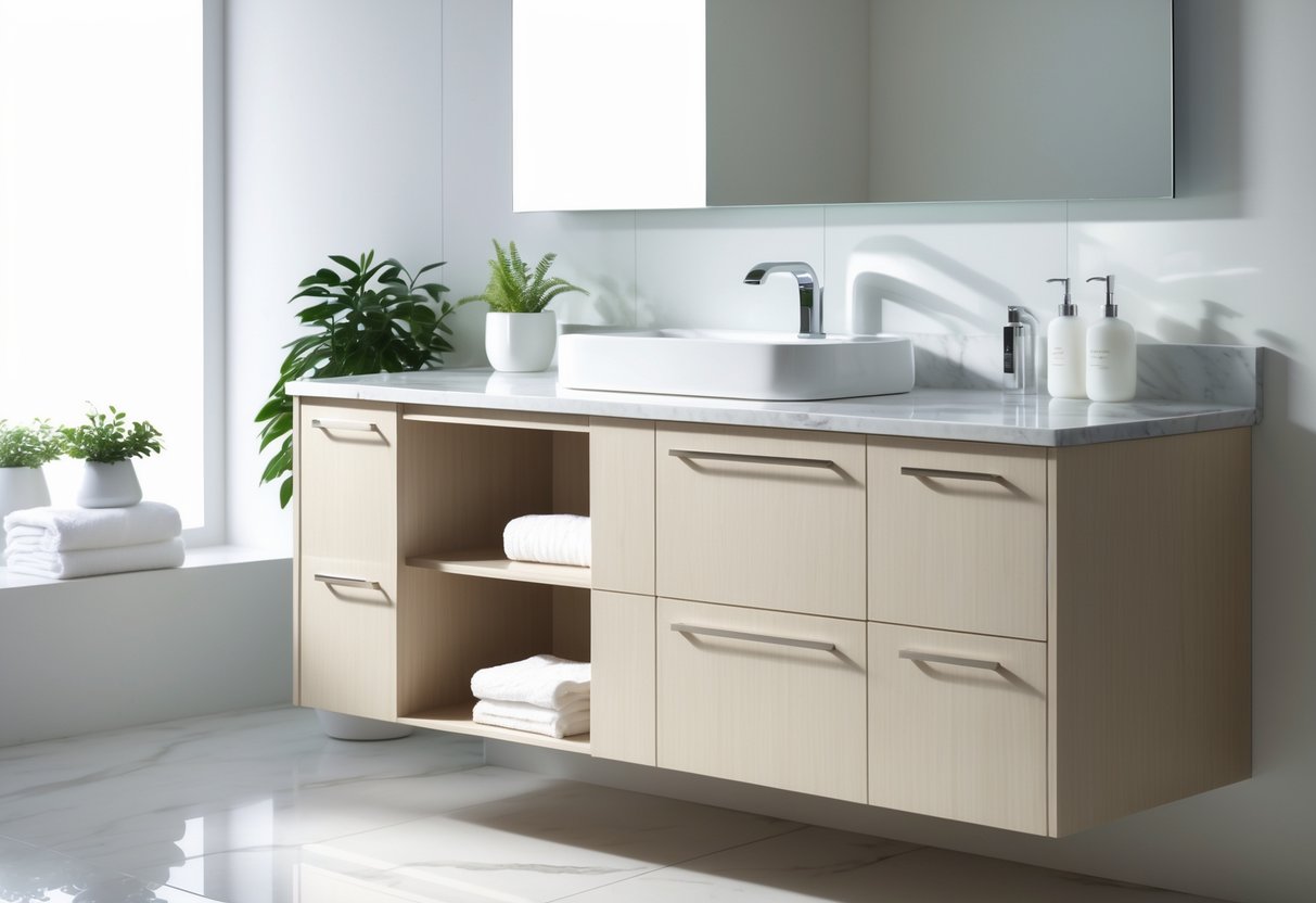A modern bathroom vanity with a marble countertop, sink, mirror, and neatly arranged bathroom accessories.