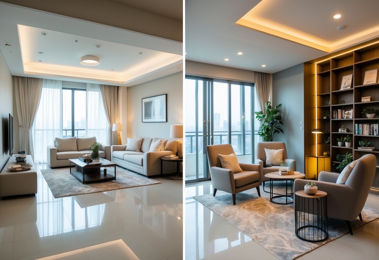 A modern living room with a sofa and TV next to a cozy lounge area with armchairs and a bookshelf.