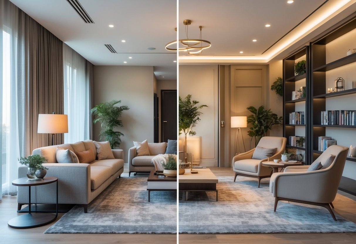 A spacious interior showing a living room with a sofa and coffee table next to a lounge area with armchairs and a bookshelf.