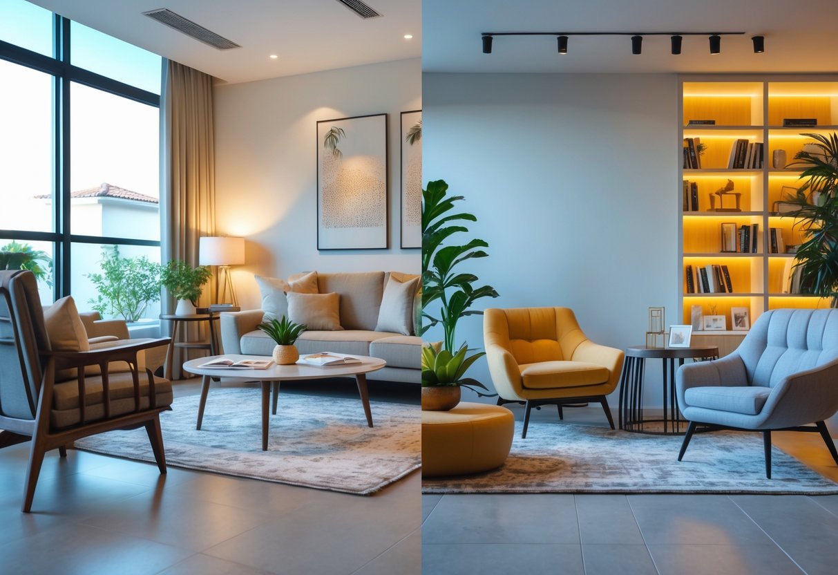 A side by side view of a living room with a sofa and coffee table and a lounge area with armchairs and a low table, both well lit and neatly arranged.