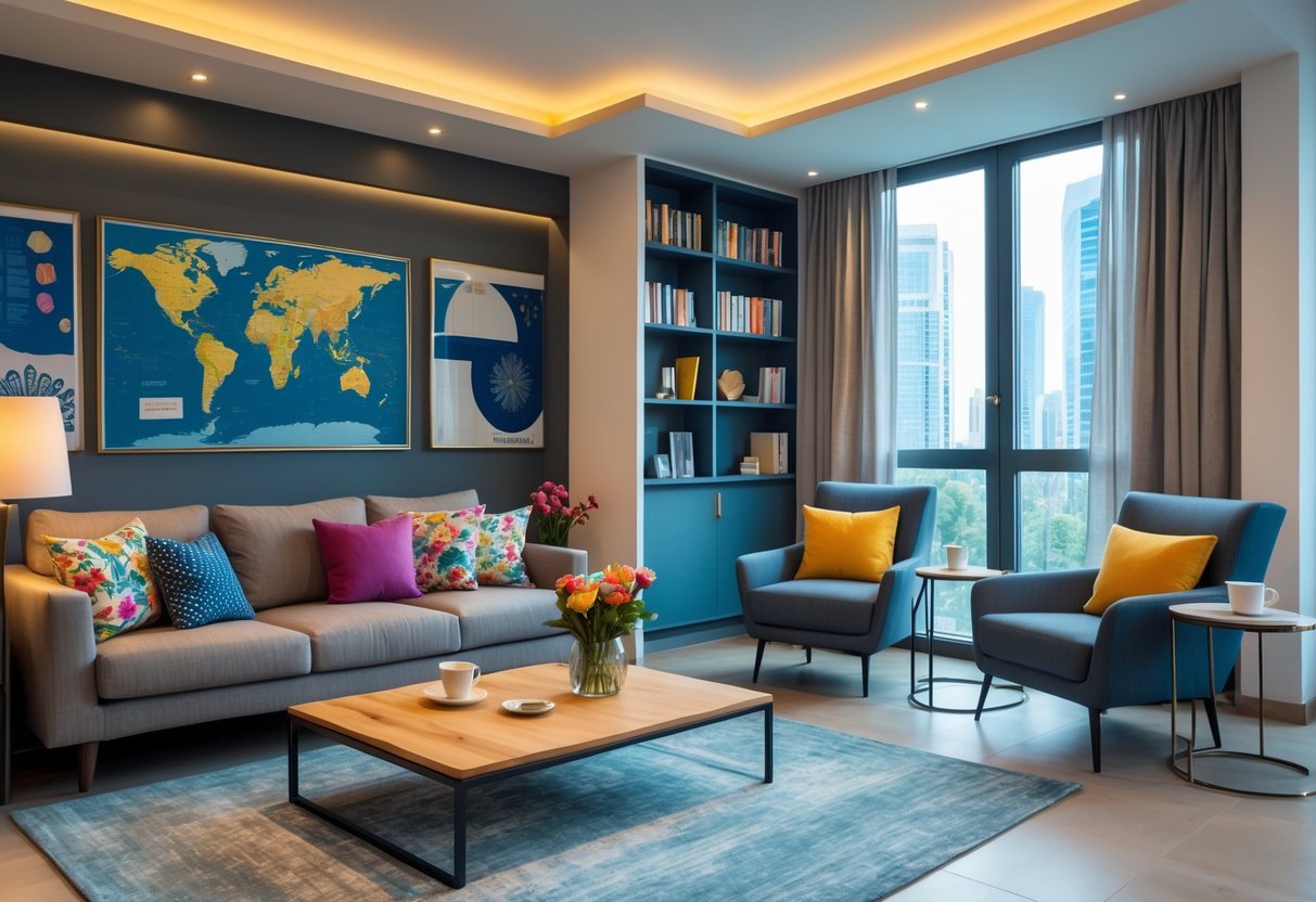 A cozy living room with a sofa and coffee table next to a lounge area with armchairs and large windows letting in natural light.