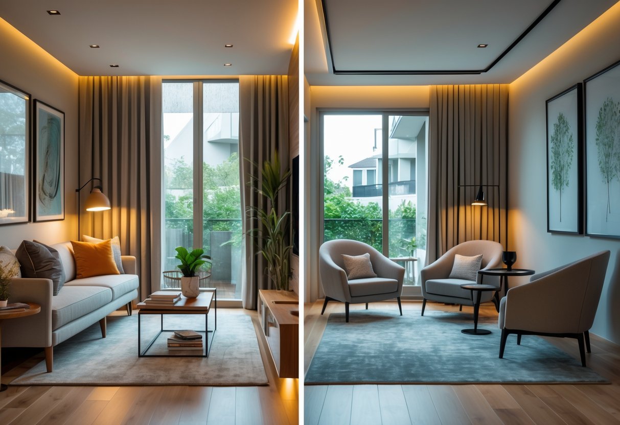 A modern home interior showing a living room with a sofa and coffee table next to a lounge area with armchairs and a small table.