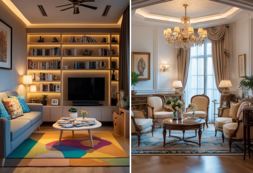 Side by side view of a cozy living room with a sofa and bookshelf next to a formal drawing room with ornate armchairs and a chandelier.