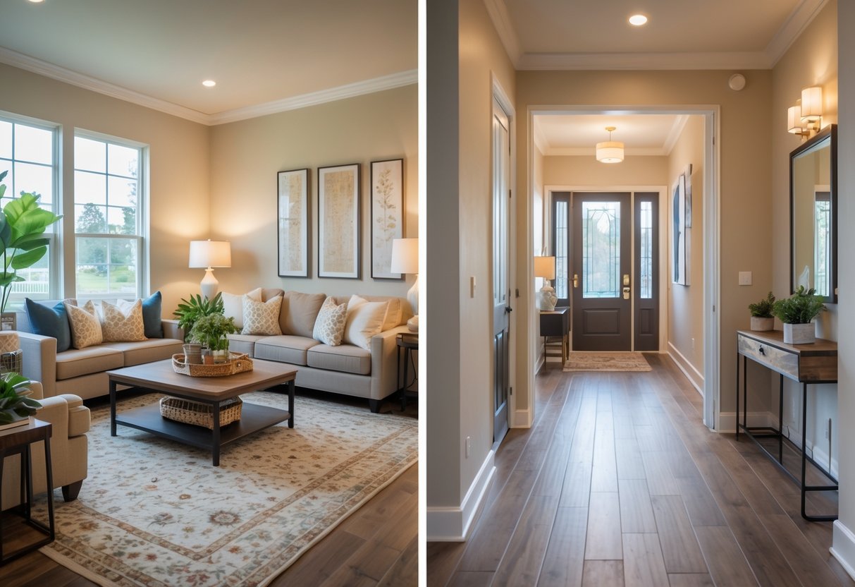 A bright living room with sofas and a coffee table next to a narrower hall with a console table and mirror.