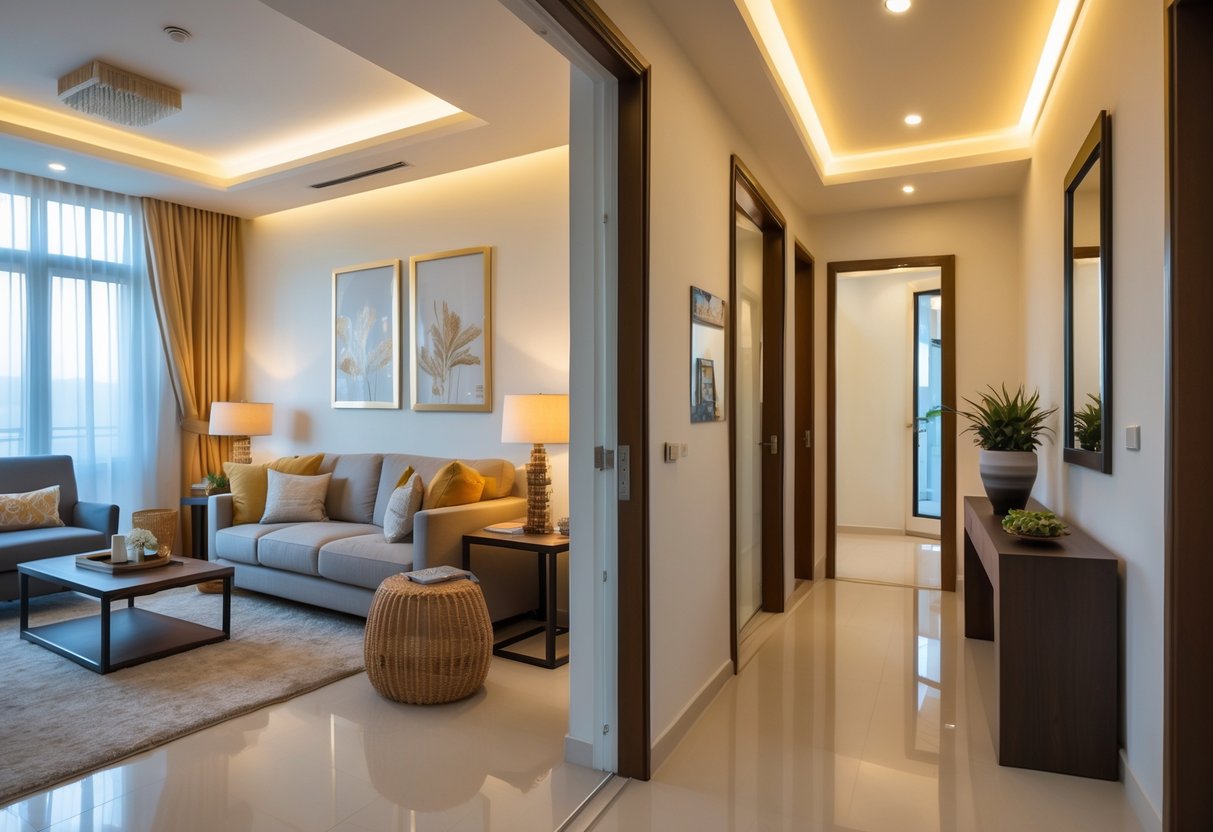 A living room connected to a hallway, showing a sofa, coffee table, and hallway with a console table and mirror.