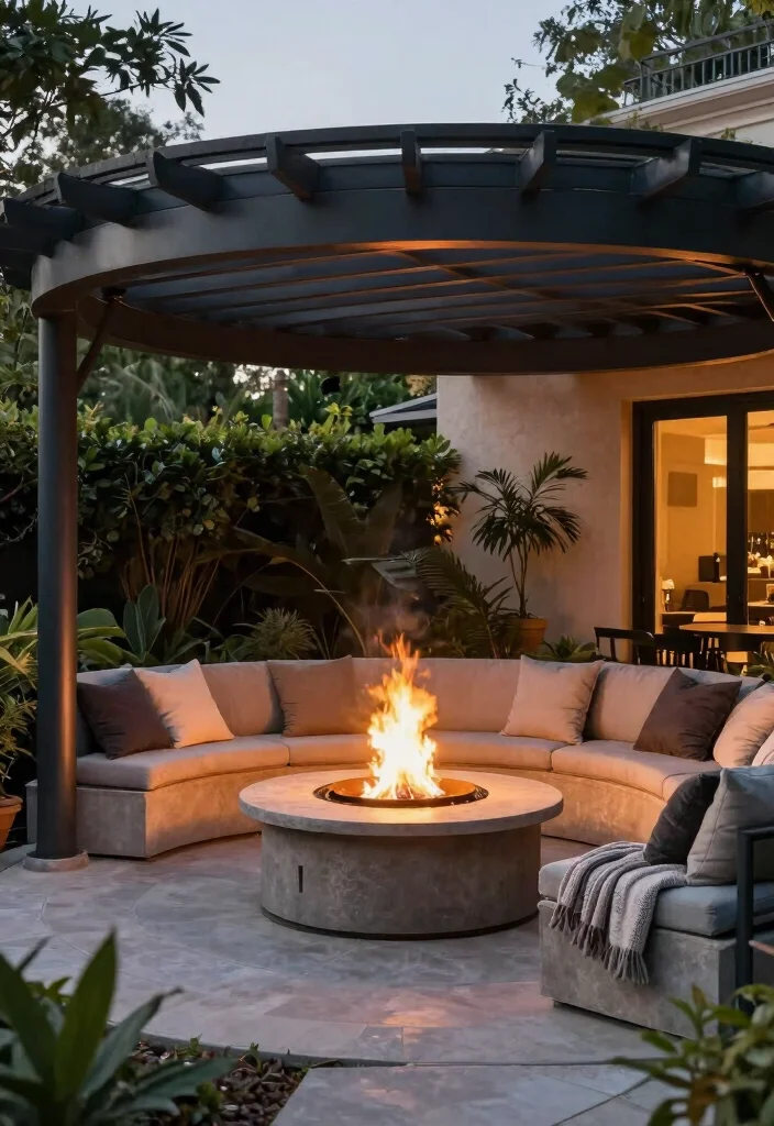 12 Curved Pergola Concepts That Make a Bold Garden Statement 10. Integrated Fire Pit Under a Curved Pergola 0