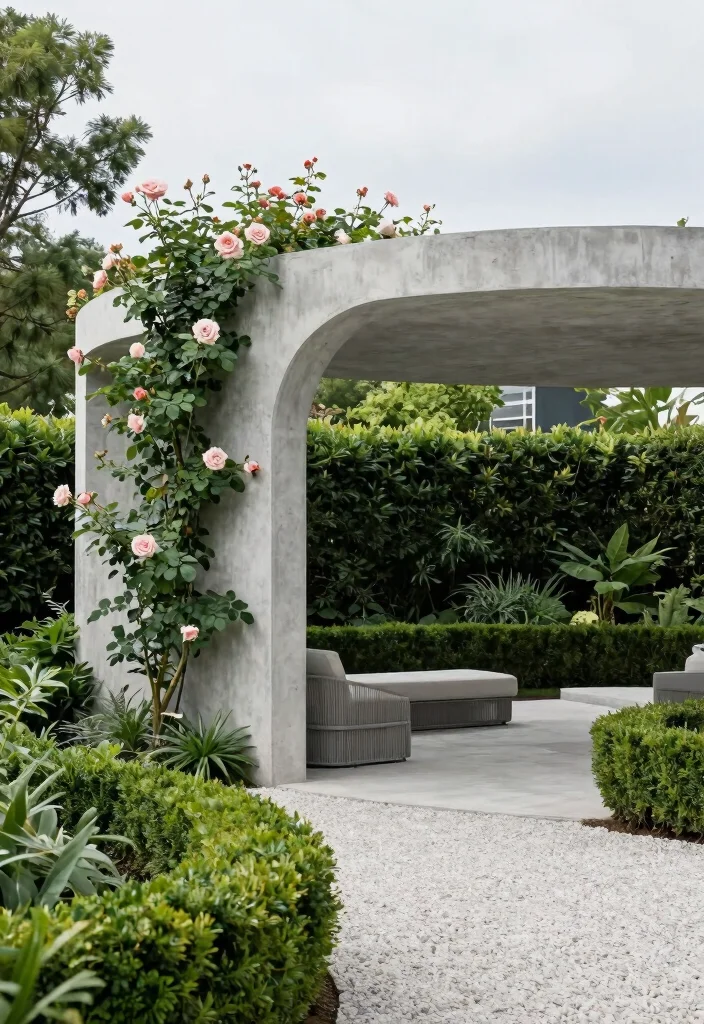 12 Curved Pergola Concepts That Make a Bold Garden Statement 4. Minimalist Concrete Curved Pergola 0