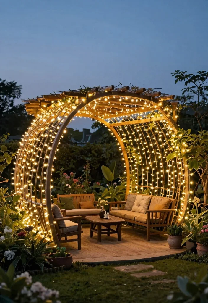12 Curved Pergola Concepts That Make a Bold Garden Statement 6. Artistic Curved Pergola with String Lights 0