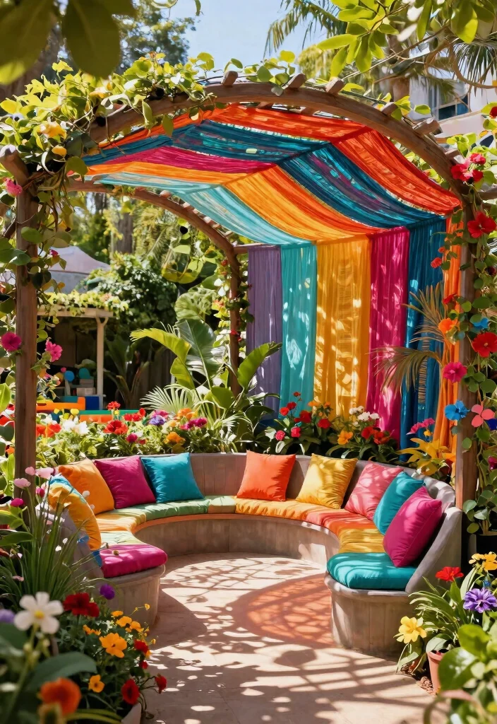 12 Curved Pergola Concepts That Make a Bold Garden Statement 7. Colorful Fabric Covered Pergola 0
