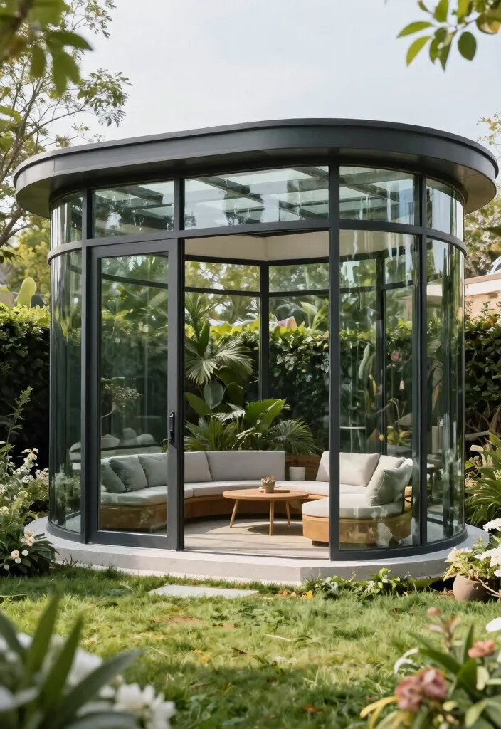 12 Curved Pergola Concepts That Make a Bold Garden Statement 8. Contemporary Glass Paneled Pergola 0