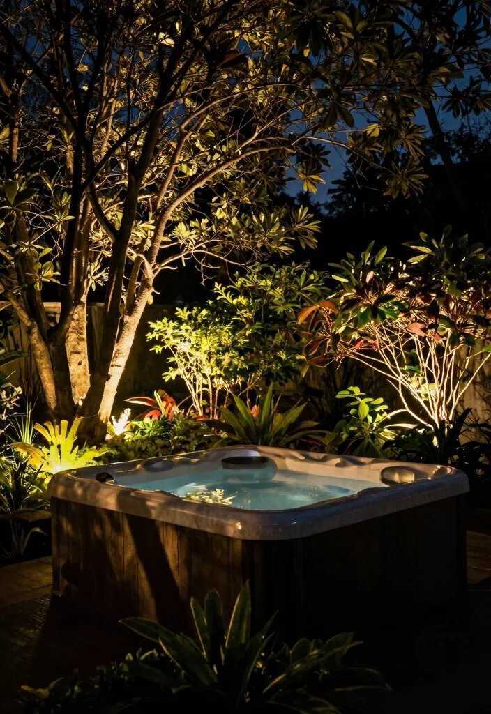 12 Hot Tub Illumination Ideas for the Perfect Relaxing Atmosphere 11. Up Lighting for Landscape Features 0
