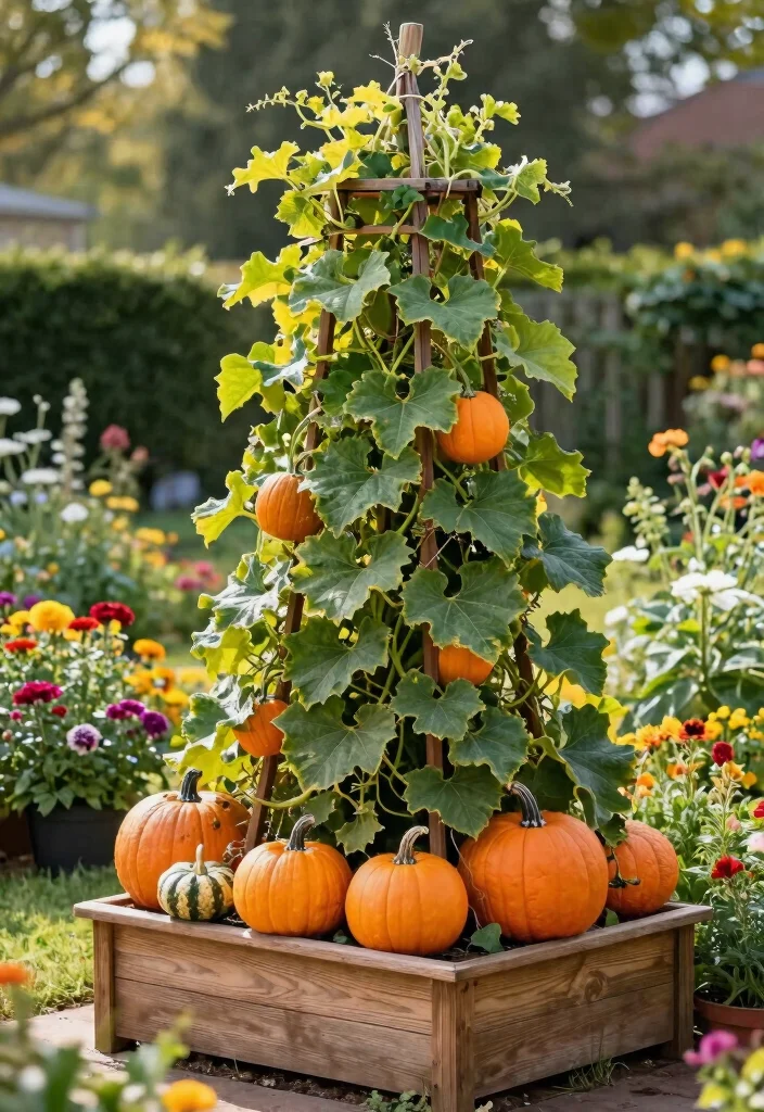 12 Pumpkin Trellis Designs That Support Heavy Vines in Small Gardens 11. Towering Vertical Planter with Trellis 0