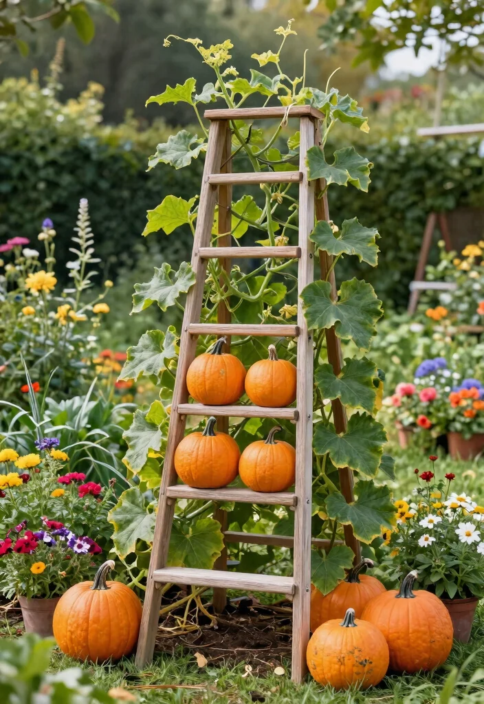 12 Pumpkin Trellis Designs That Support Heavy Vines in Small Gardens 9. Adjustable Ladder Trellis 0
