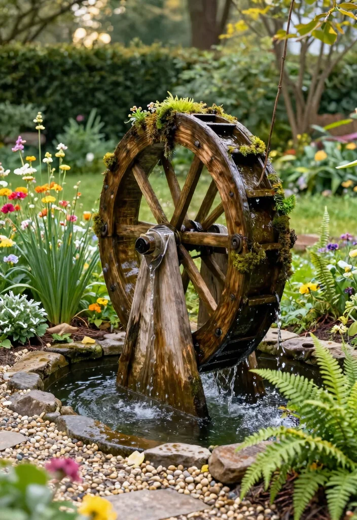 12 Solar Fountain Ideas That Run Without Electricity in Any Garden 3. Rustic Wooden Water Wheel Fountain 0