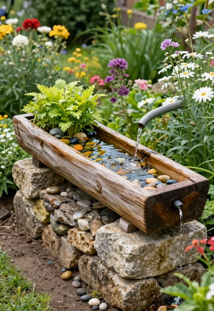 12 Water Trough Fountain Ideas for a Rustic Garden Focal Point 2. Rustic Wooden Trough with Stone Base 0