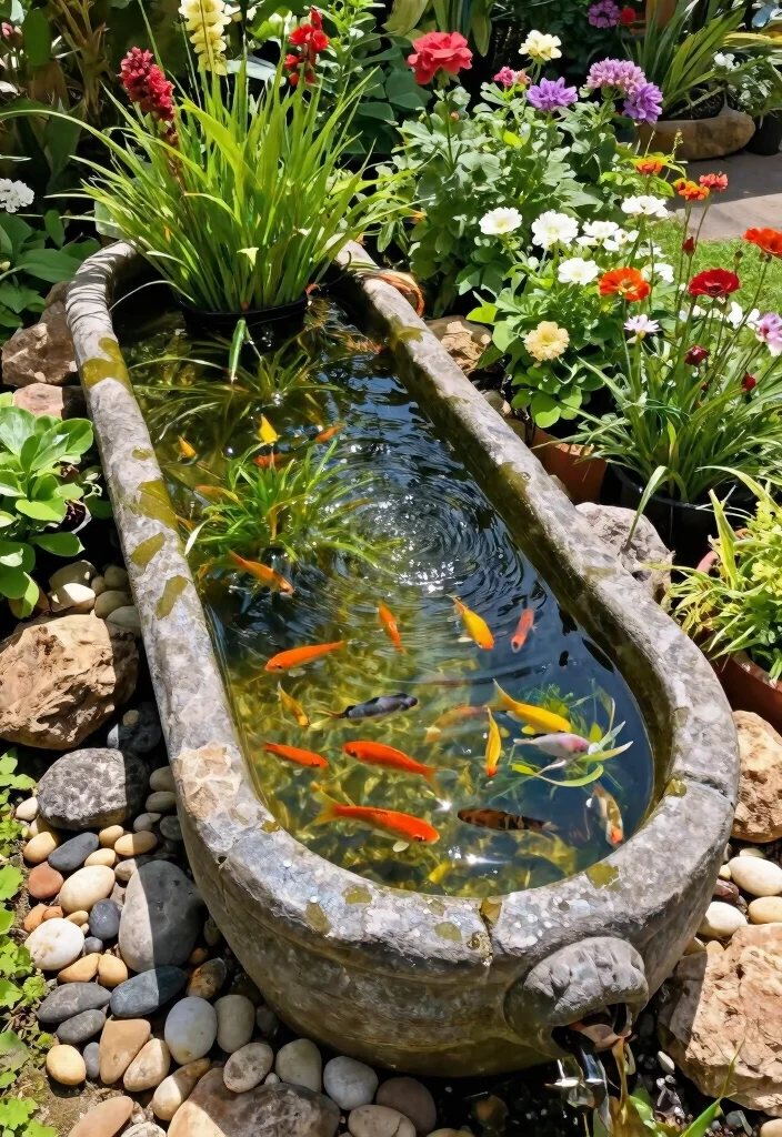 12 Water Trough Fountain Ideas for a Rustic Garden Focal Point 7. Decorative Rustic Trough with Fish 0