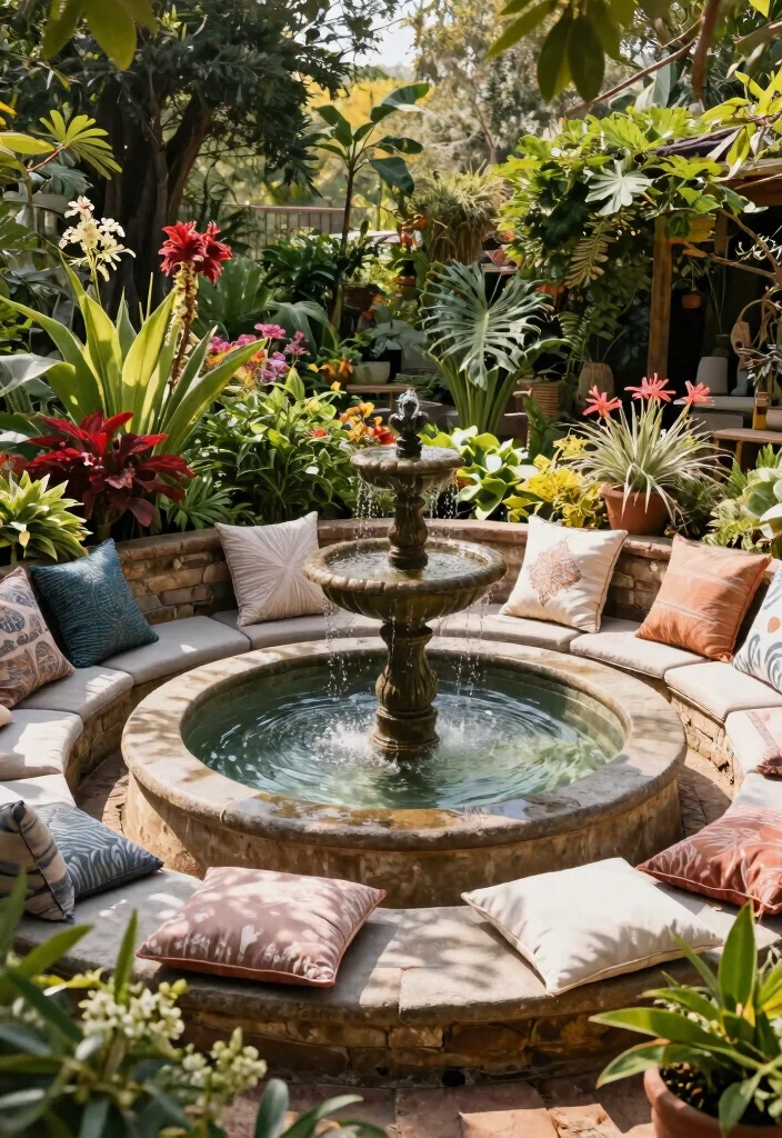 12 Water Trough Fountain Ideas for a Rustic Garden Focal Point 9. Circular Trough Fountain with Seating Area 0
