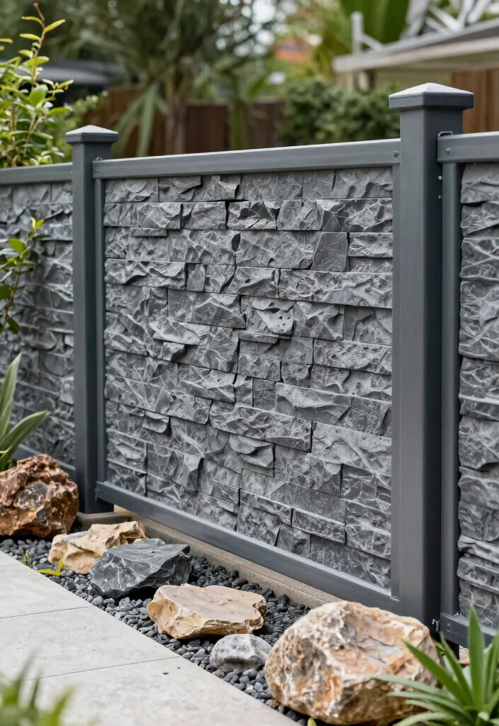14 Aluminum Fence Concepts for a Sleek Low Maintenance Yard 12. Faux Stone Finish Aluminum Fencing 0
