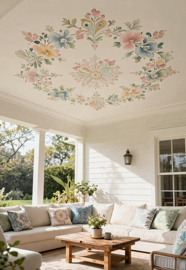 14 Cheap Porch Ceiling Ideas That Look High End 6. Stenciled Designs 0