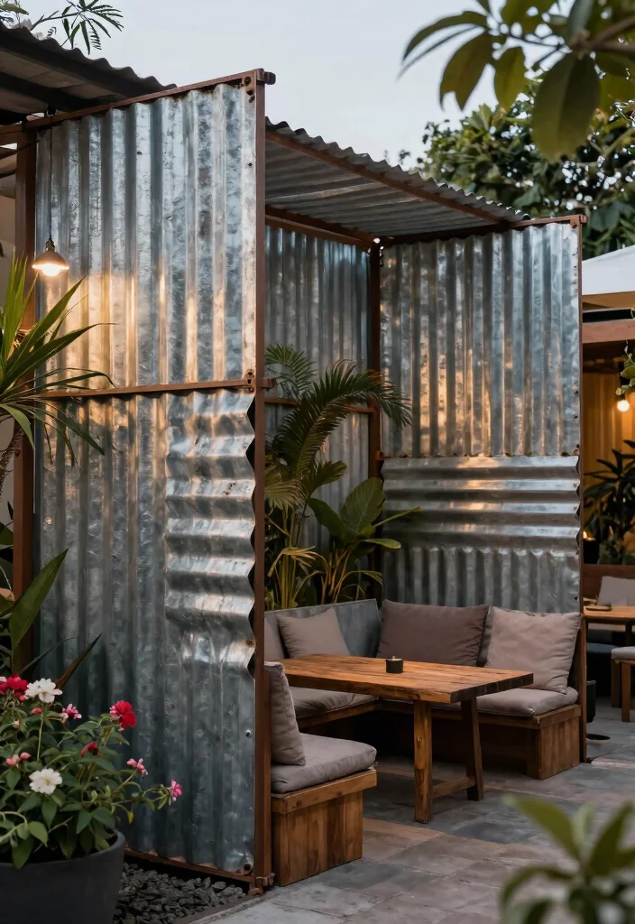 14 Outdoor Privacy Curtain Ideas for Patios Decks and Pergolas 14. Rustic Corrugated Metal Screens 0
