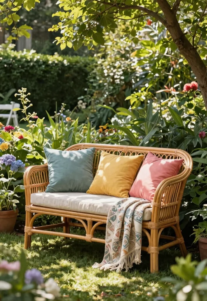 14 Rattan Patio Furniture Concepts for a Relaxed Boho Outdoor Space 12. Rattan Garden Bench 0