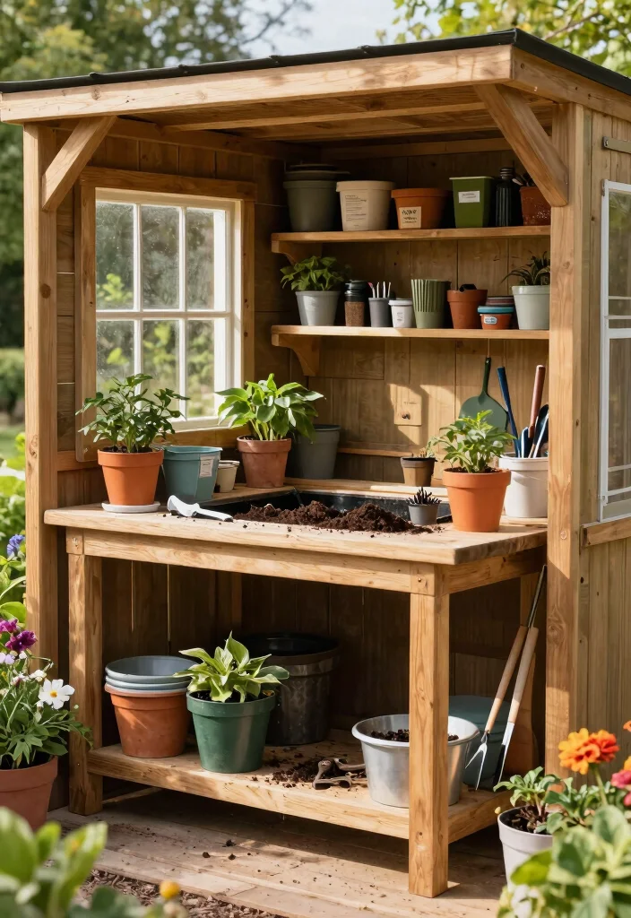 14 Storage Shed Design Ideas That Are Functional and Stylish 9. Shed with Built In Potting Station 0