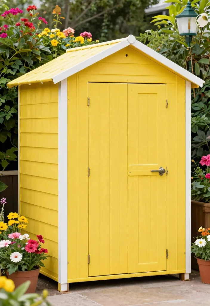 14 Storage Shed Paint Concepts to Refresh and Transform Your Yard 10. Sun Kissed Yellow Bright and Happy 0
