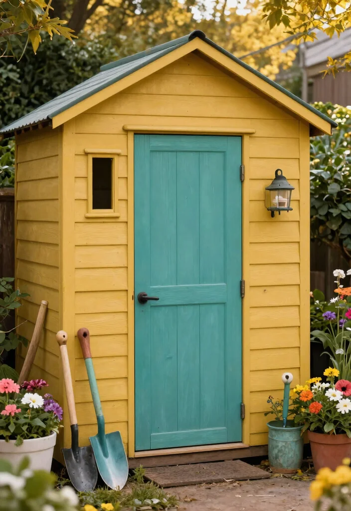 14 Storage Shed Paint Concepts to Refresh and Transform Your Yard 8. Vintage Vibes Retro Colors 0