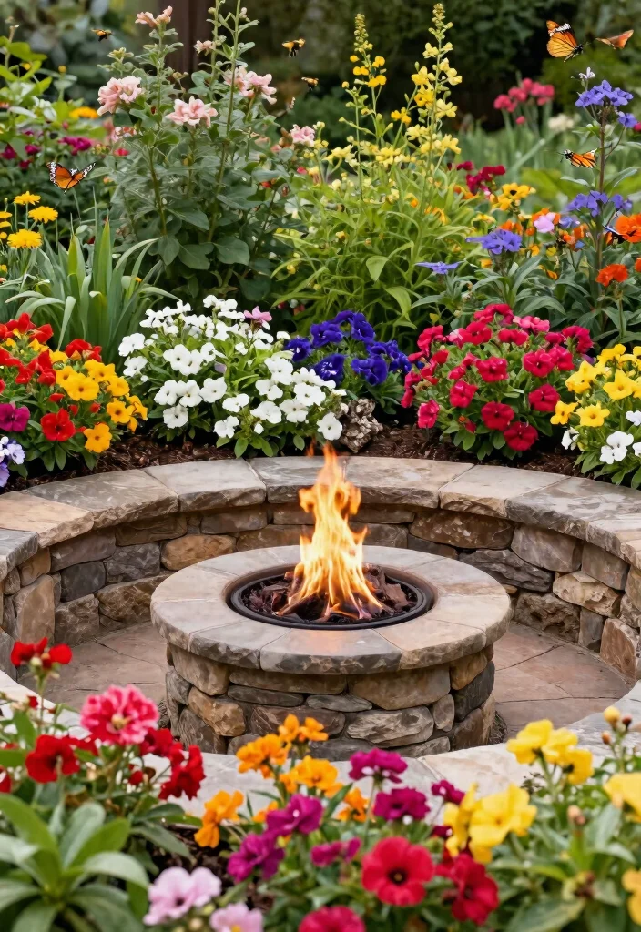 15 Backyard Fire Pit Inspirations for Cozy Outdoor Seating Areas 11. Fire Pit Surrounded by Flower Beds 0