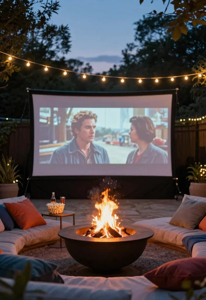 15 Backyard Fire Pit Lounge Ideas for a Relaxed Outdoor Living Space 1. Movie Night Under the Stars 0