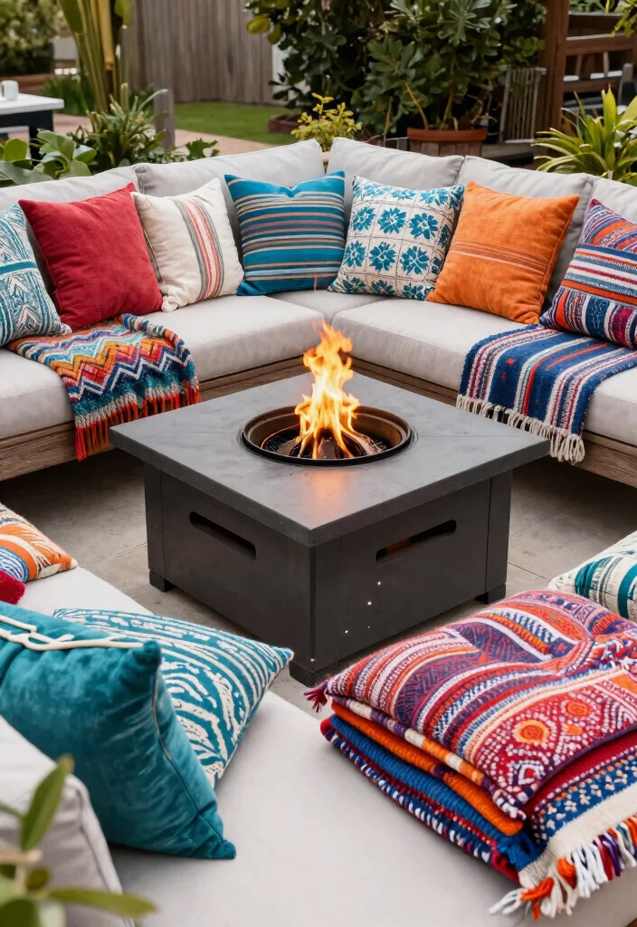 15 Backyard Fire Pit Lounge Ideas for a Relaxed Outdoor Living Space 12. Colorful Outdoor Throws and Cushions 0