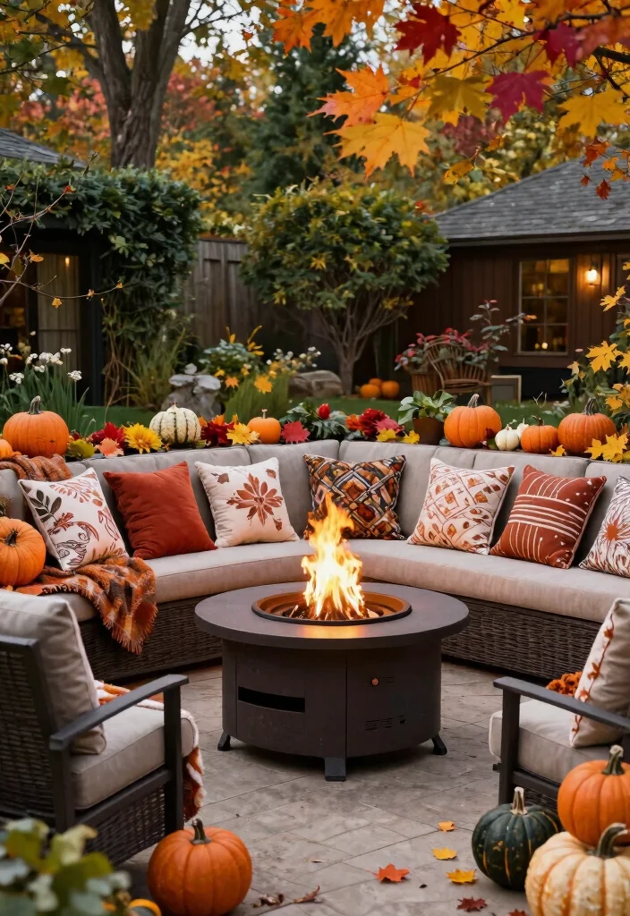 15 Backyard Fire Pit Lounge Ideas for a Relaxed Outdoor Living Space 15. Seasonal Decor Around the Fire Pit 0
