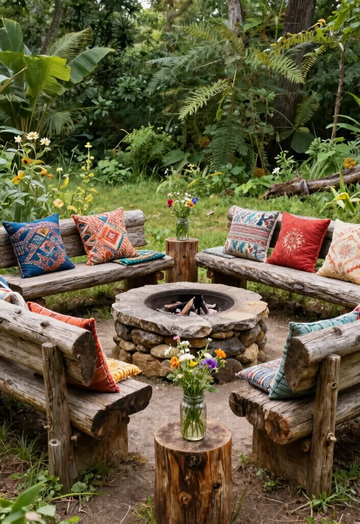 15 Backyard Fire Pit Lounge Ideas for a Relaxed Outdoor Living Space 2. Rustic Charm with Log Seating 0